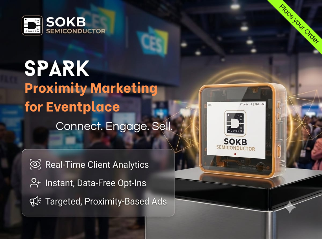 SOKB Semiconductor SPARK - Proximity Marketing for Eventplace: Connect, Engage, Sell. Real-Time Client Analytics, Instant Data-Free Opt-Ins, Targeted Proximity-Based Ads. Place your Order.